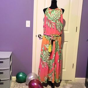 NWOT Belted Floral/Pink/Coral Print  Chiffon Maxi Dress.